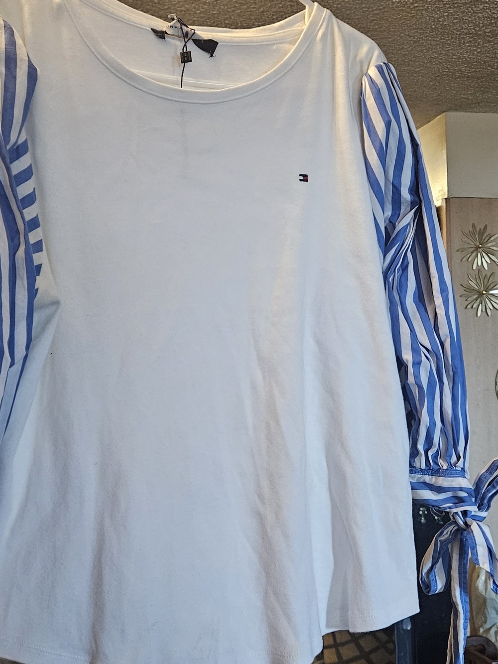 Tommy Hilfiger White Cotton Shirt with Blue Striped Tie-Sleeves